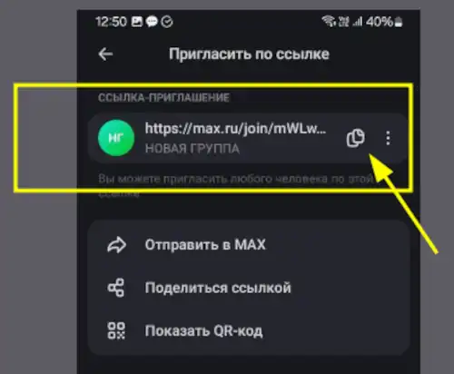 скопируйте пригласительную ссылку в чат Макс