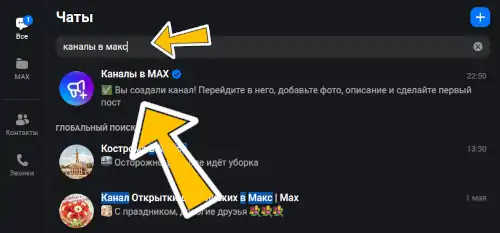 скриншот поиска официального бота каналы в макс